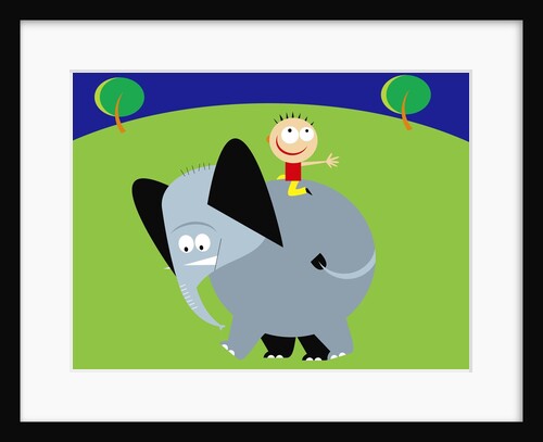 boy riding an elephant in a field by Anonymous