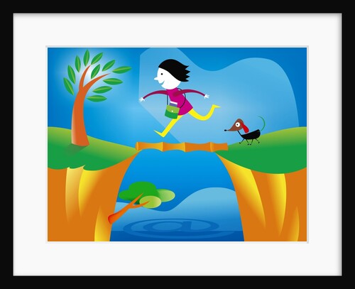 girl crossing a bridge with dog by Anonymous