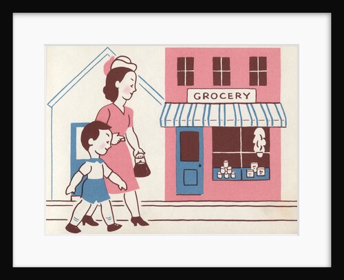 Illustration of Mother and Son Walking by Grocery Store by Lois Lenski
