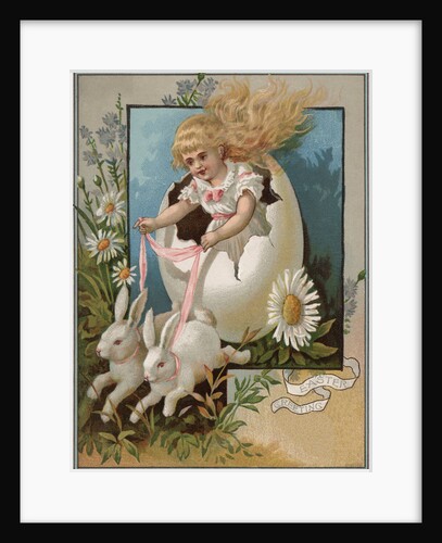 Easter Greeting Postcard with Rabbits Pulling Girl in Egg by Anonymous