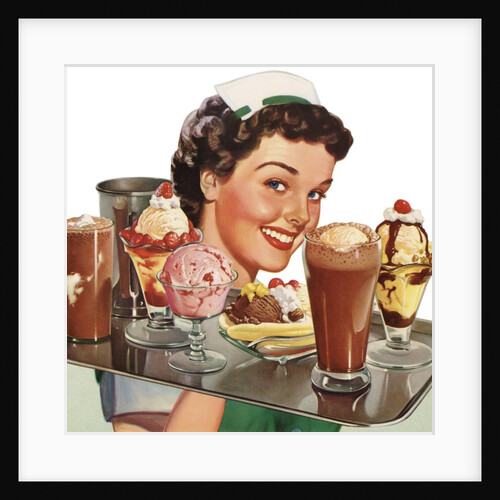 Menu Illustration of Waitress Carrying Ice Cream Desserts by Anonymous