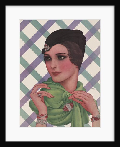 Magazine Illustration of Woman Wearing Green Scarf by Dynevor Rhys