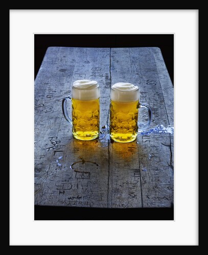Two Glass Mugs of Beer on Table by Anonymous