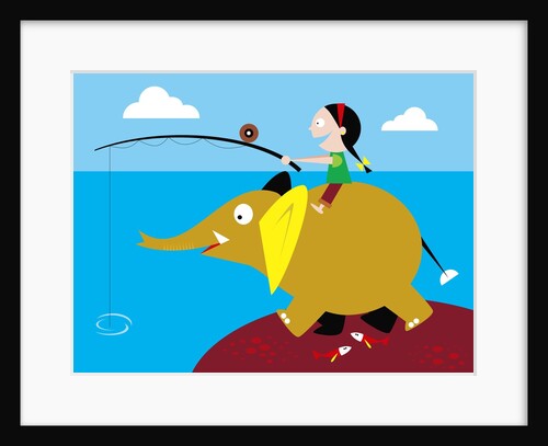 Girl fishing from friendly elephant's back by Anonymous