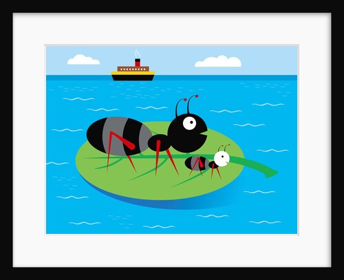 Two ants floating on a leaf in the ocean by Anonymous