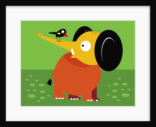 Elephant and bird on its trunk looking at each other by Anonymous