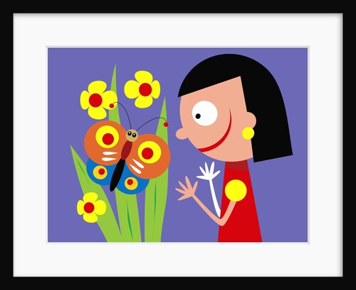 Girl with butterfly and flowers by Anonymous