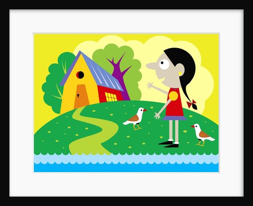 Girl and birds with house by Anonymous