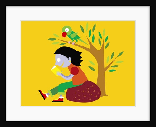Girl and bird reading a book by Anonymous