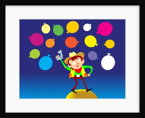 Boy in cowboy costume with balloons by Anonymous
