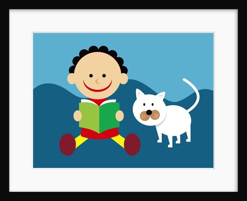 Boy and cat reading a book by Anonymous