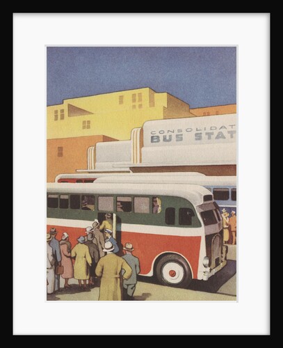 Illustration of Passengers Boarding Bus at Bus Station by Anonymous