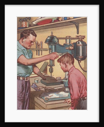 Illustration of Boy Watching Father Use Drill Press by Anonymous