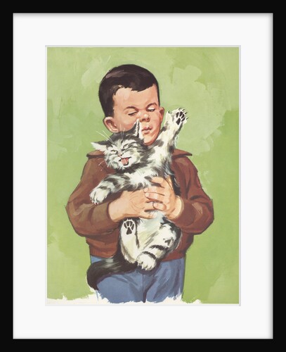 Illustration of Boy Holding Unhappy Cat by Anonymous