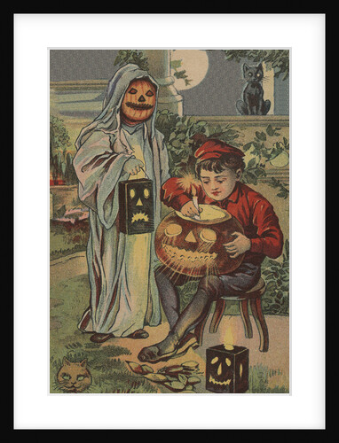 Postcard with Children Lighting Jack O'Lantern by Anonymous