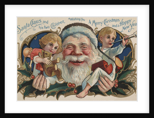 Santa Claus and His Two Children Wishing You a Merry Christmas and a Happy New Year Postcard by Anonymous