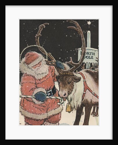 Illustration of Santa Feeding Reindeer Candy Cane by John Rae