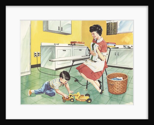 Illustration of Mother and Son Playing in Laundry Room by Anonymous