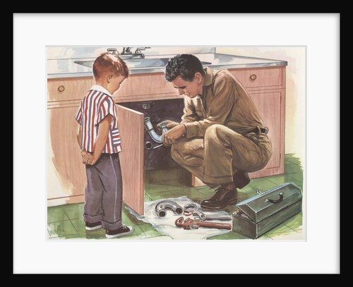 Illustration of Boy Watching Man Fix Plumbing by Anonymous