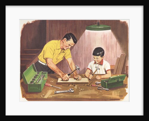 Illustration of Father Teaching Son to Handle Tools by Anonymous