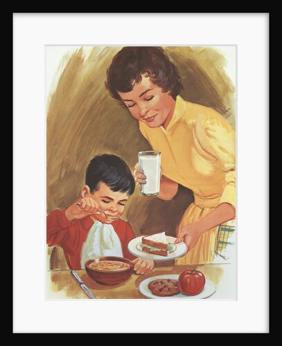 Illustration of Mother Serving Lunch to Son by Anonymous