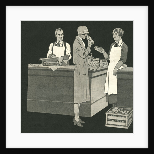 Illustration of Woman with Two Grocery Store Clerks by Anonymous