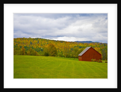 Red Barn in Green Field in Autumn by Anonymous