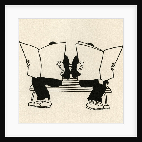 Illustration of Two Men Reading Newspapers on Park Bench by Boris Artzybasheff