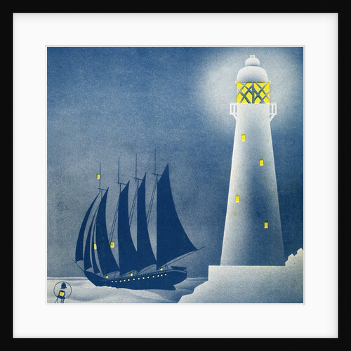 Illustration of Schooner Sailing near Lighthouse by Anonymous