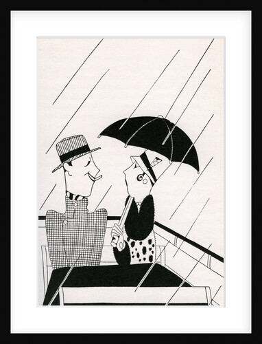 Illustration of Couple on Rainy Roof of Double-Decker Bus by Anne Harriet Fish