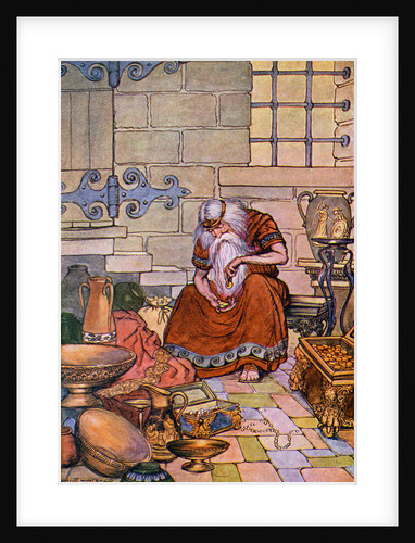 Illustration of King Midas Counting Gold in His Treasure Room by Milo Winter