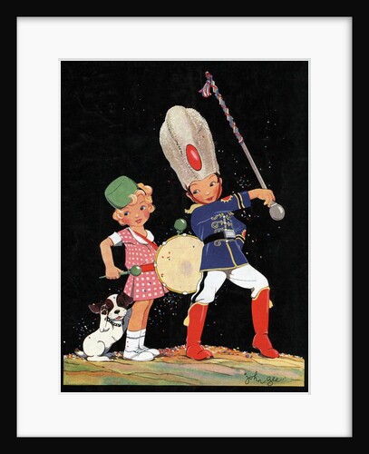 Illustration of Drum Major and Drummer with Dog by John Gee