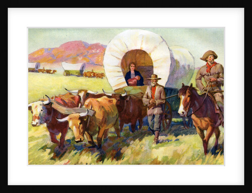 Illustration of Wagon Train of American Settlers Moving Across Western Plains by Anonymous