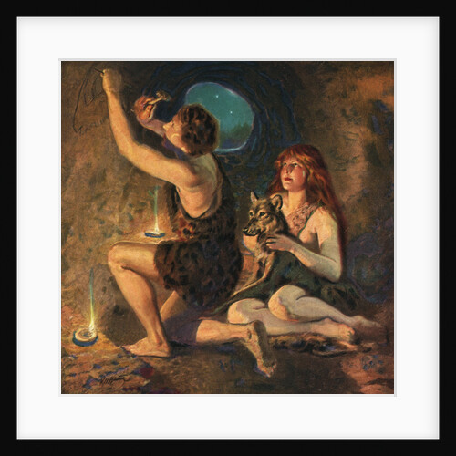 Illustration of Caveman Chiselling in Cave Wall by Walter Haskell Hinton