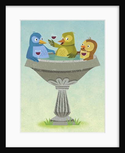 Birds Relaxing and Sipping Wine in Birdbath by Anonymous