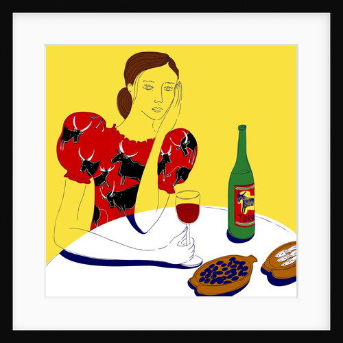 Woman Sitting at a Table with a Bottle of Wine by Anonymous