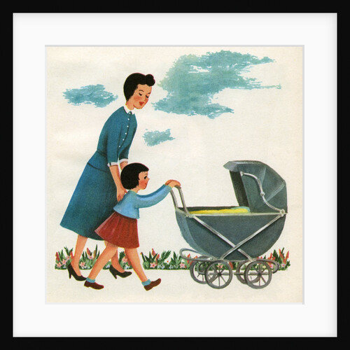 Illustration of girl pushing baby carriage by Anonymous