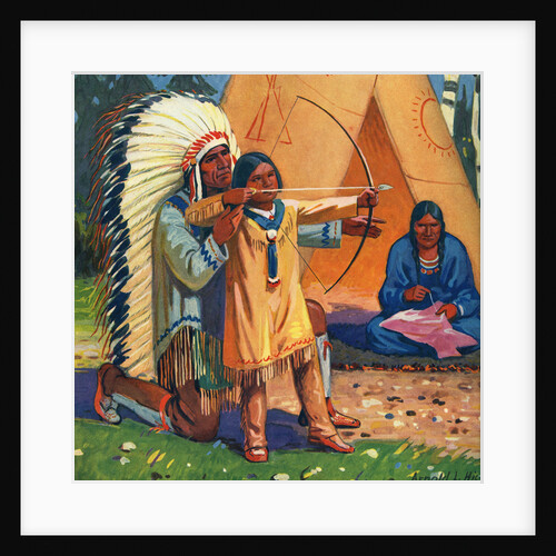Illustration of Native American man teaching son to use bow and arrow by Arnold Lorne Hicks