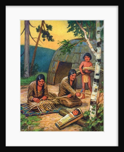 Illustration of Native Americans weaving reeds by Arnold Lorne Hicks