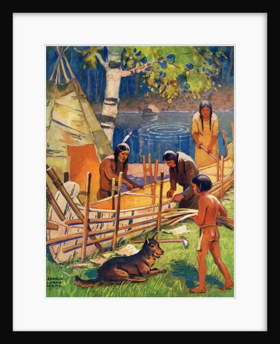 Illustration of Native Americans making canoe by Arnold Lorne Hicks