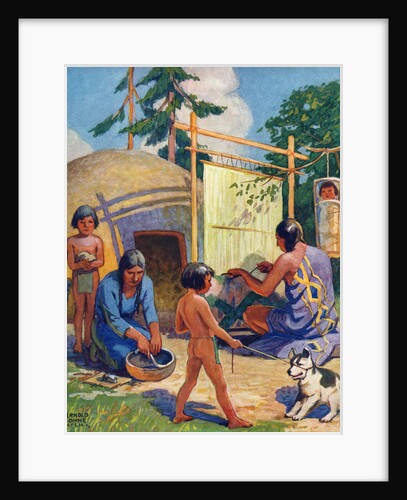 Illustration of Native Americans weaving and making pottery by Arnold Lorne Hicks