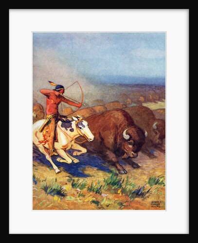 Illustration of Native American man hunting buffalo by Arnold Lorne Hicks