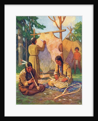 Illustration of daily life in Native American village by Arnold Lorne Hicks