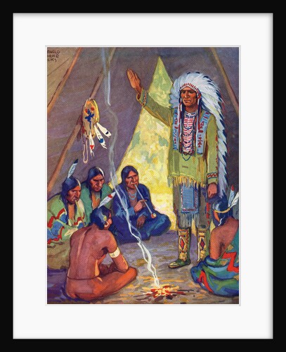 Illustration of Native American chief addressing elders by Arnold Lorne Hicks