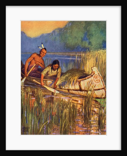 Illustration of Native Americans harvesting wild rice by Arnold Lorne Hicks