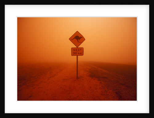 Kangaroo crossing sign in dust storm in the Australian Outback by Anonymous