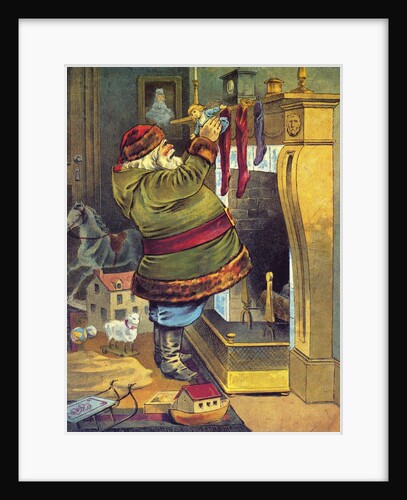 Illustration of Santa Claus placing toys in Christmas stockings by William Roger Snow