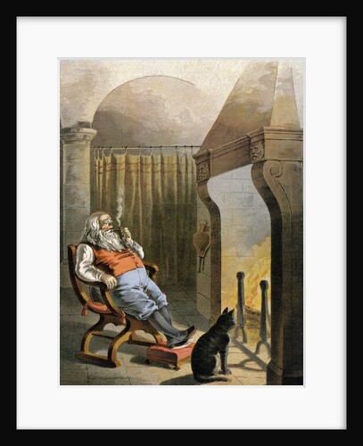 Illustration of Santa Claus sitting by fire on Christmas Eve by William Roger Snow