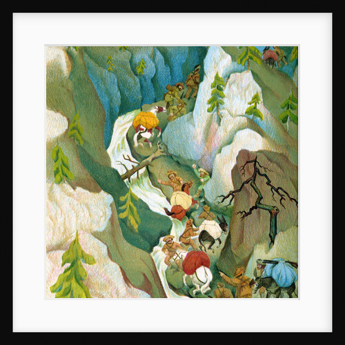 Illustration of Yankee trappers traveling through the Sierra Nevadas by C.H. DeWitt