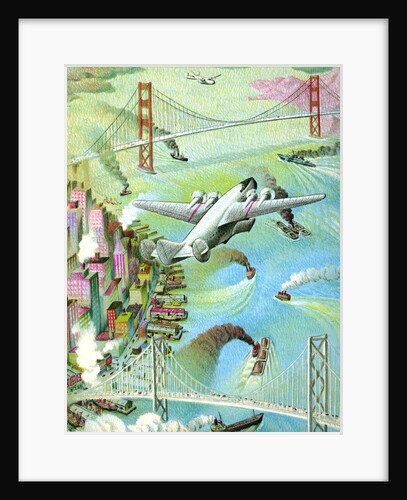 Illustration of airplane flying over San Francisco Bay by C.H. DeWitt